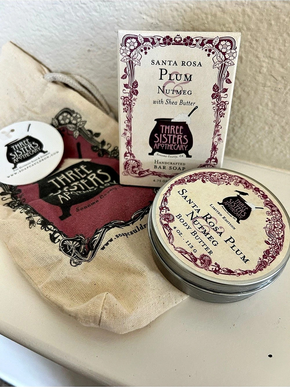 Three Sisters Apothecary Santa Rosa Plum & Nutmeg Body Butter and Bar Soap Set
